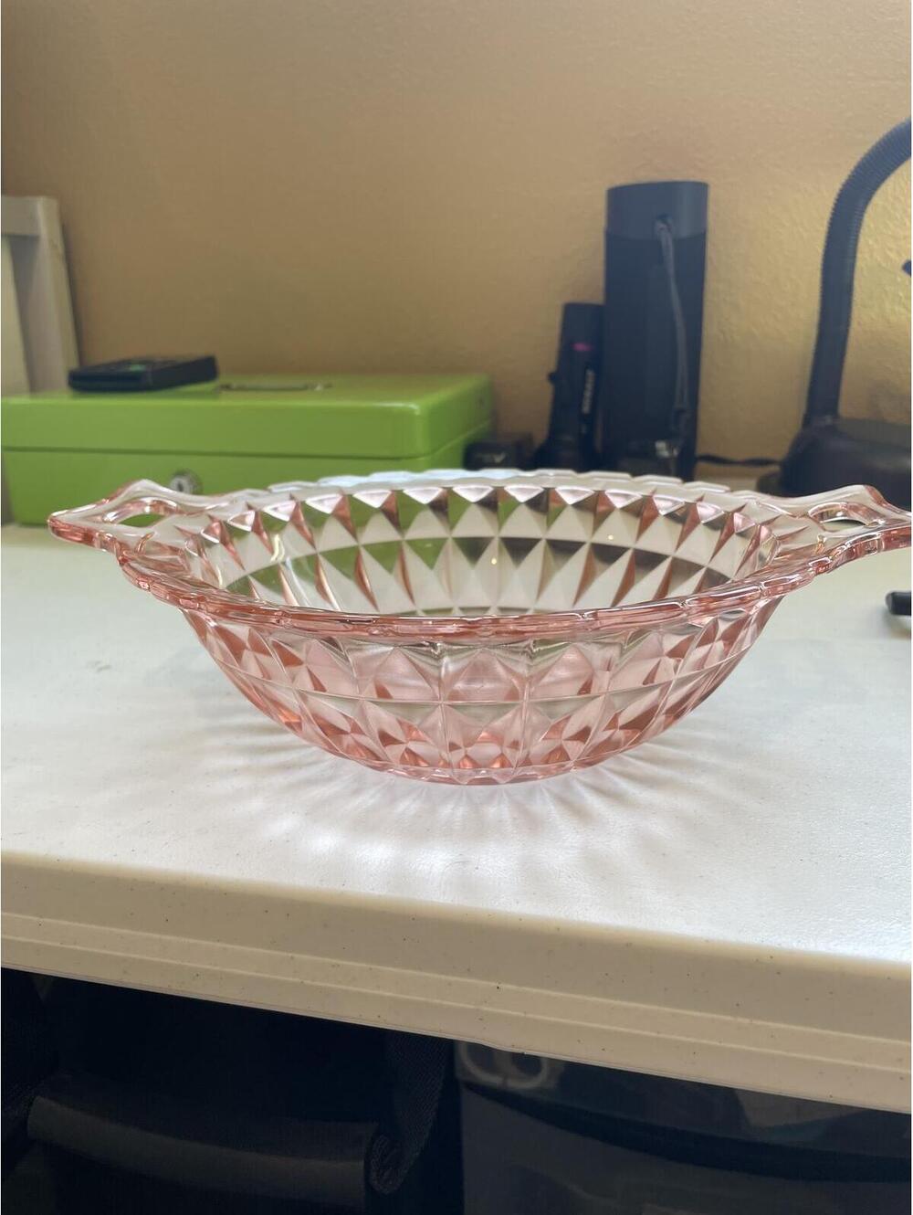 Vintage Jeannette Windsor Pink Depression Glass Handled Serving Bowl
